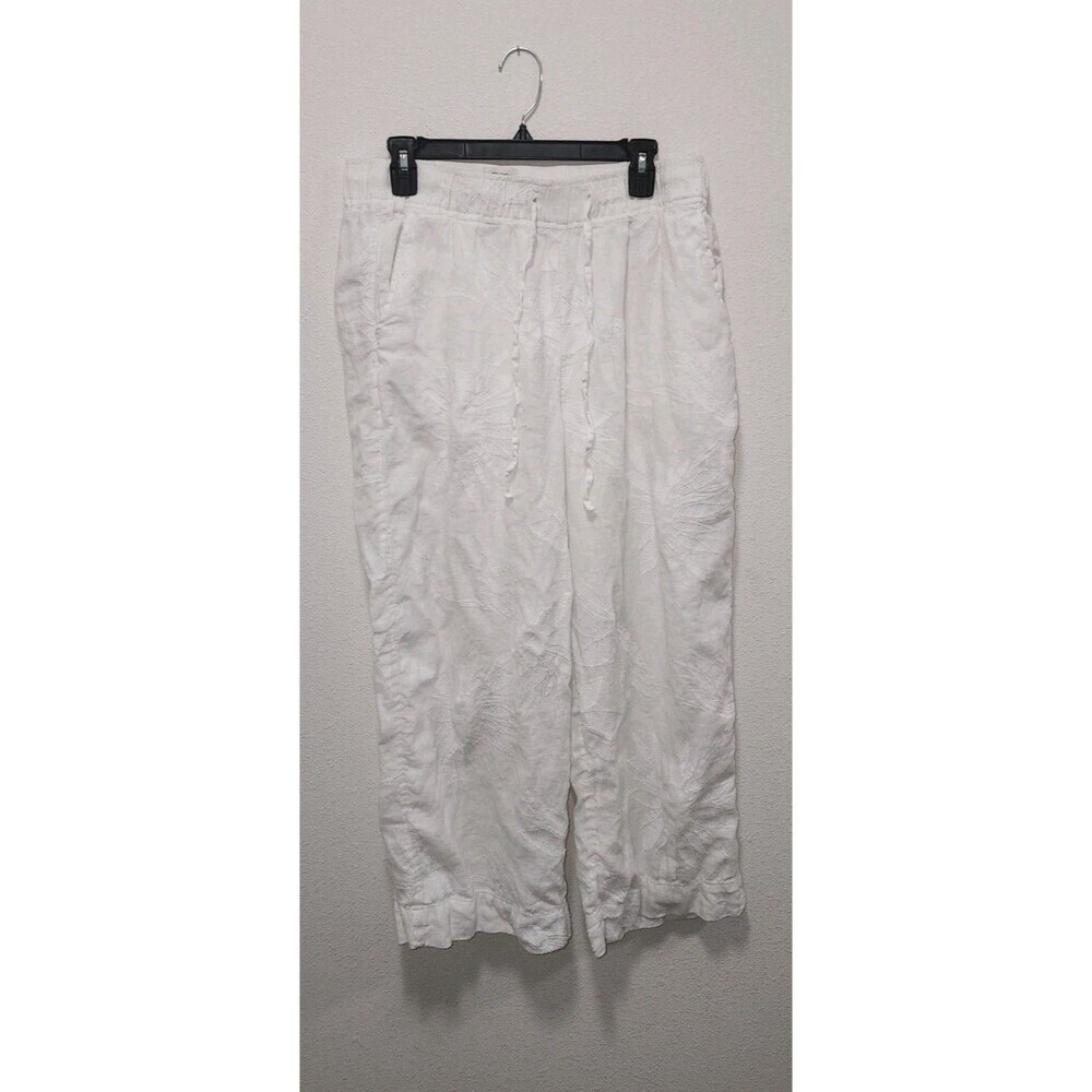 Joie White Sunflower Embroidered Wide Leg  Capri Pants Coastal Sz XL 100% Linen